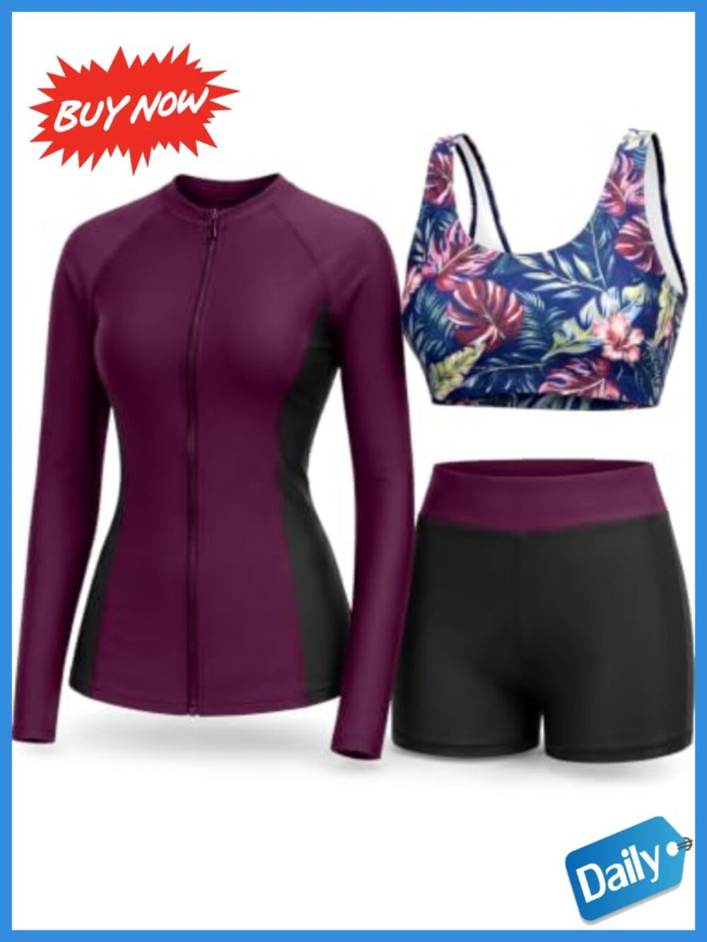 Women's 3 Piece Rash Guard Set UPF 50+ Long Sleeve Swim Shirt Built-in Bra